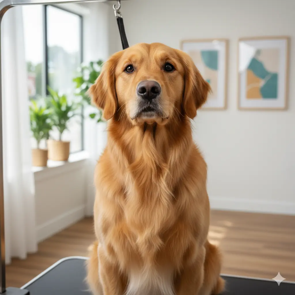 Professional dog groomer giving a bath to a happy dog.