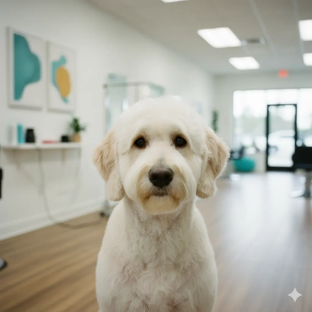 A small puppy being gently groomed.