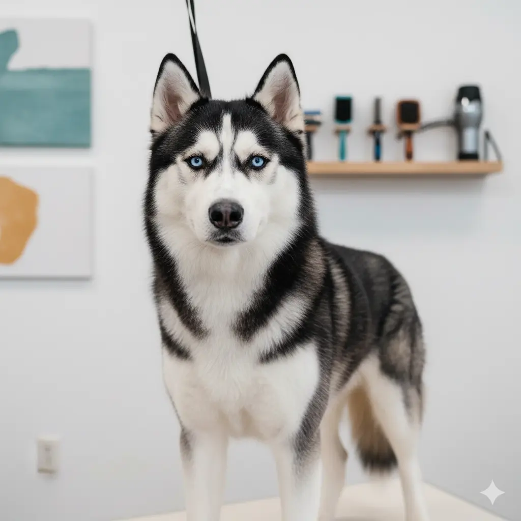 A husky on a table with bright blue eyes.