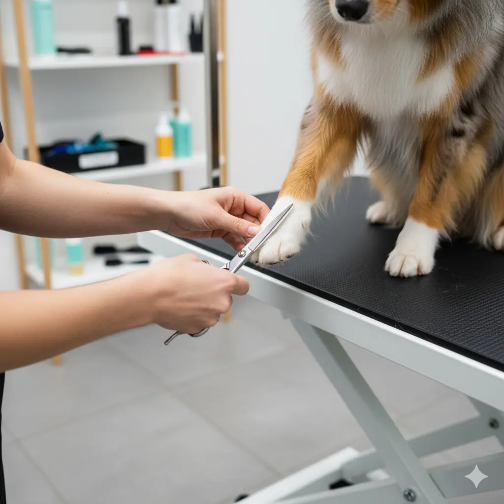 Aussie lifting paw as groomer trims hair underneath the pad on an ergonomic table