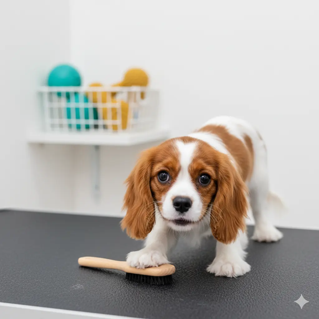 A curious Cavalier King Charles Spaniel puppy playfully investigates a small brush on a non-slip mat
