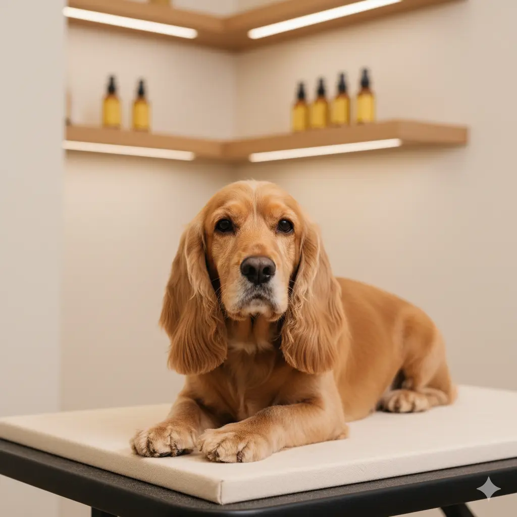 A refreshed Cocker Spaniel resting on a cushioned table after a tidy-up trim in a calm salon setting