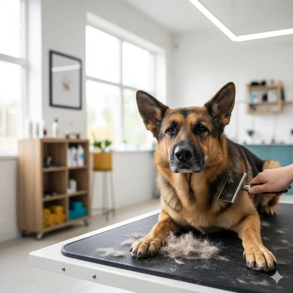 A relaxed German Shepherd being brushed with a de-shedding tool on a mat in a bright, airy grooming space