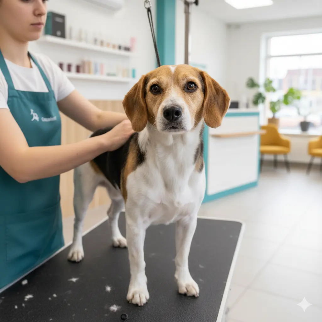 A medium-sized mixed breed dog being checked by a groomer in a bright salon reception