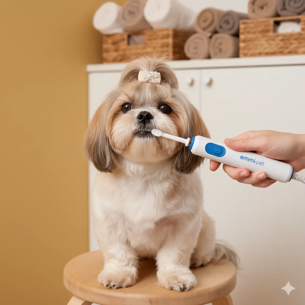 Calm Shih Tzu sitting on a stool while groomer brushes its teeth with an electric brush