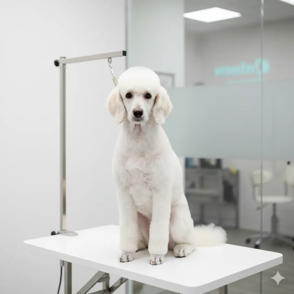 A regal Standard Poodle sits perfectly groomed on a modern table in a minimalist salon setting