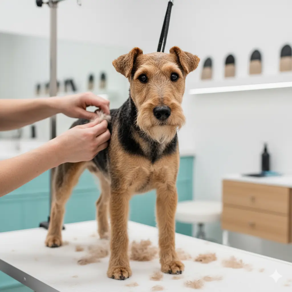 A Wire Fox Terrier standing still as a groomer carefully hand-strips its coat in a bright salon
